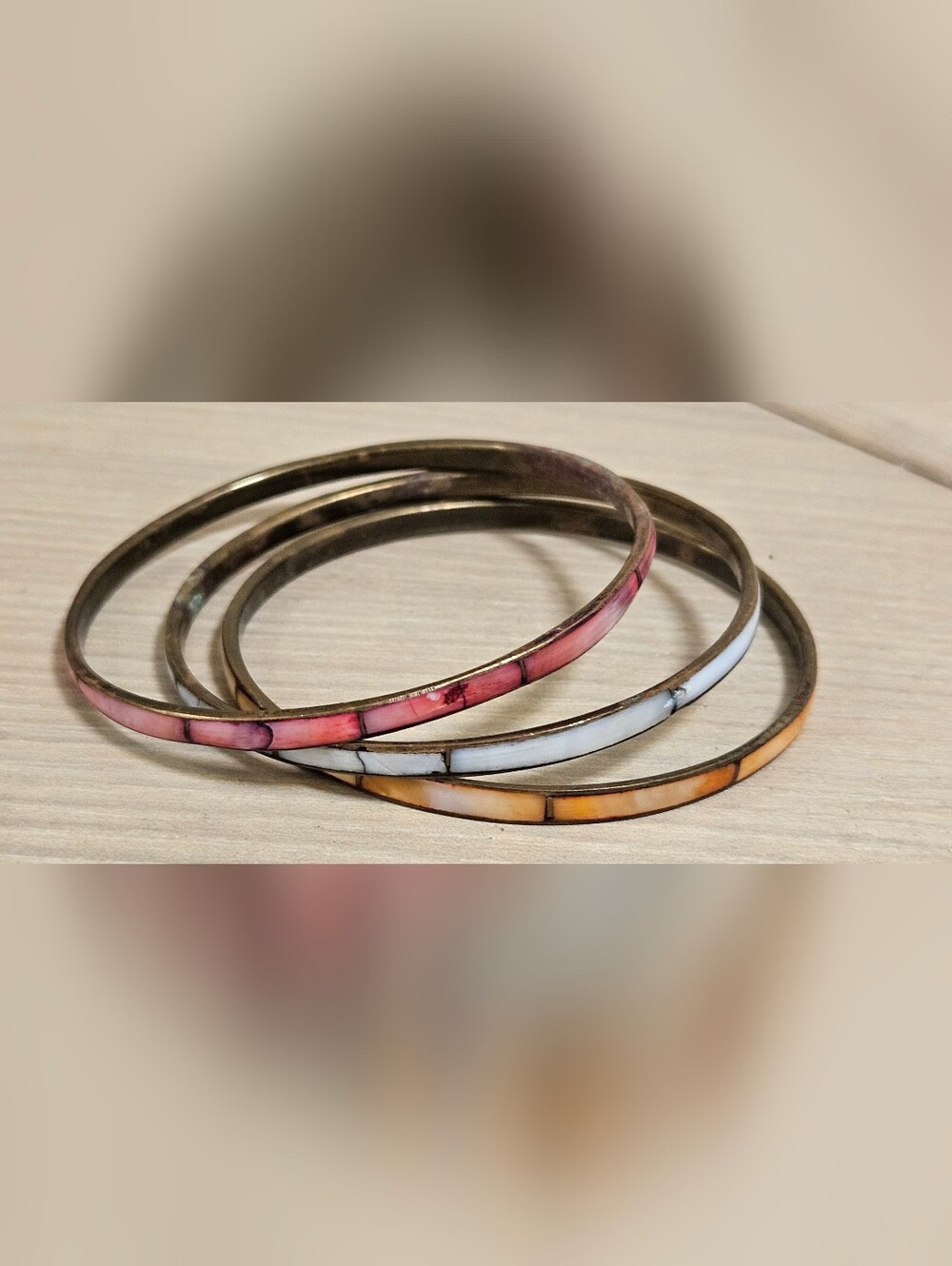 Vintage Set of 3 Shell Inlay Bangle Bracelets Mosaic Hippie Boho Mother Of Pearl